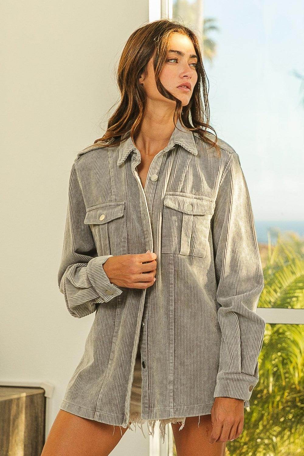 BiBi Button Up Corduroy Shacket for Stylish Layering