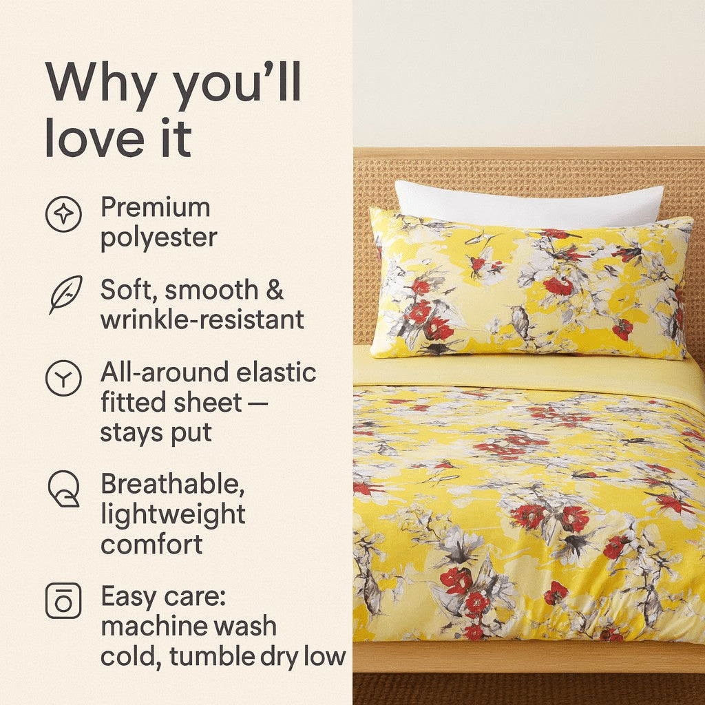 DaDa Bedding Sunshine Yellow Hummingbirds Floral Fitted & Flat Bed Sheets Set (JHW-925)
