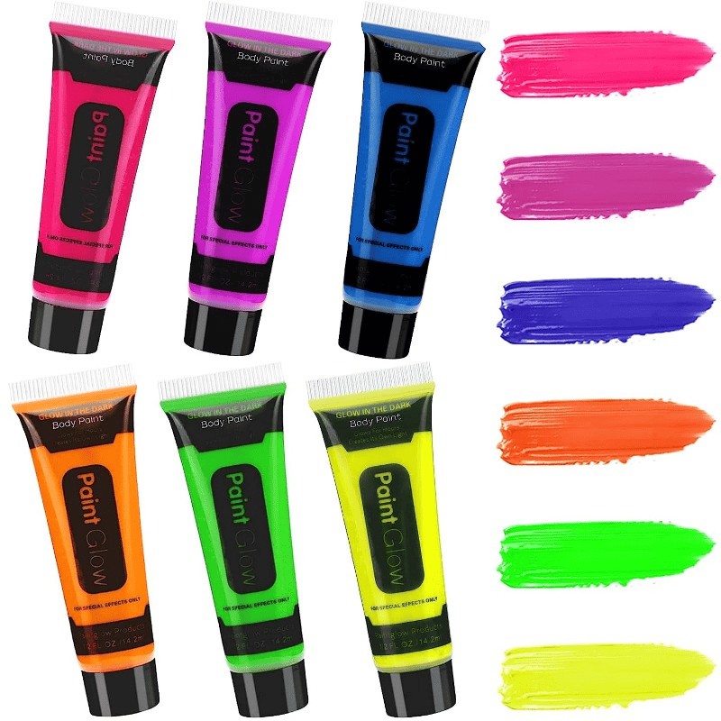 UV Glow Blacklight Face and Body Paint,0.48 oz, Set of 6 Tubes, 6 Colors Halloween Makeup
