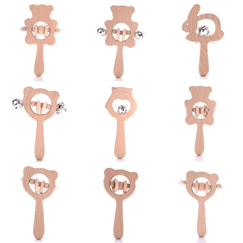 1-Pack Beech Wood Baby Teether - Wooden Animal Ring Nursing Pendant Rattle Chew Toy Rabbit Owl