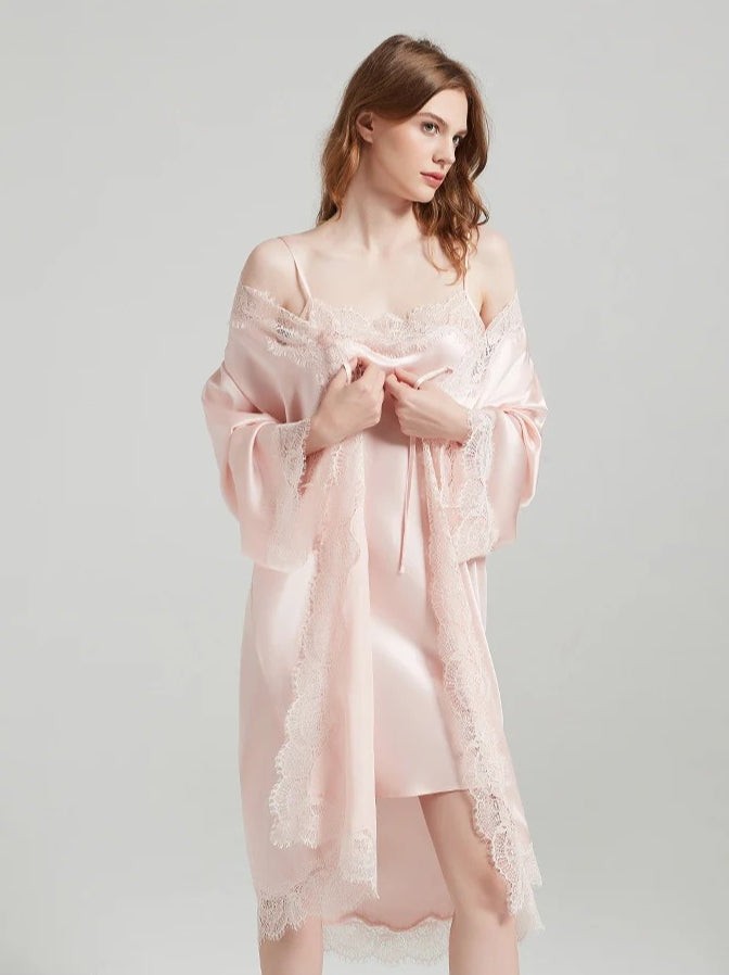 19 Momme Lace-Trim 100% Mulberry Silk Robe & Camisole Set – Women's Sleepwear Loungewear