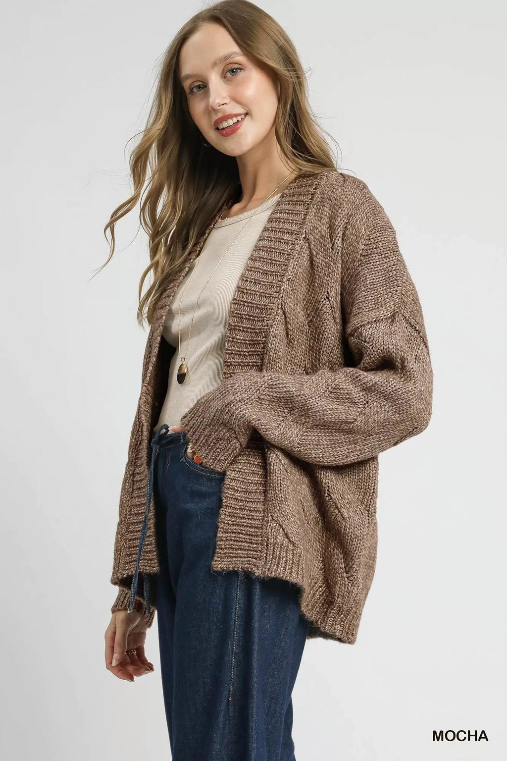 Umgee Chunky Cable Knit Open Front Cardigan