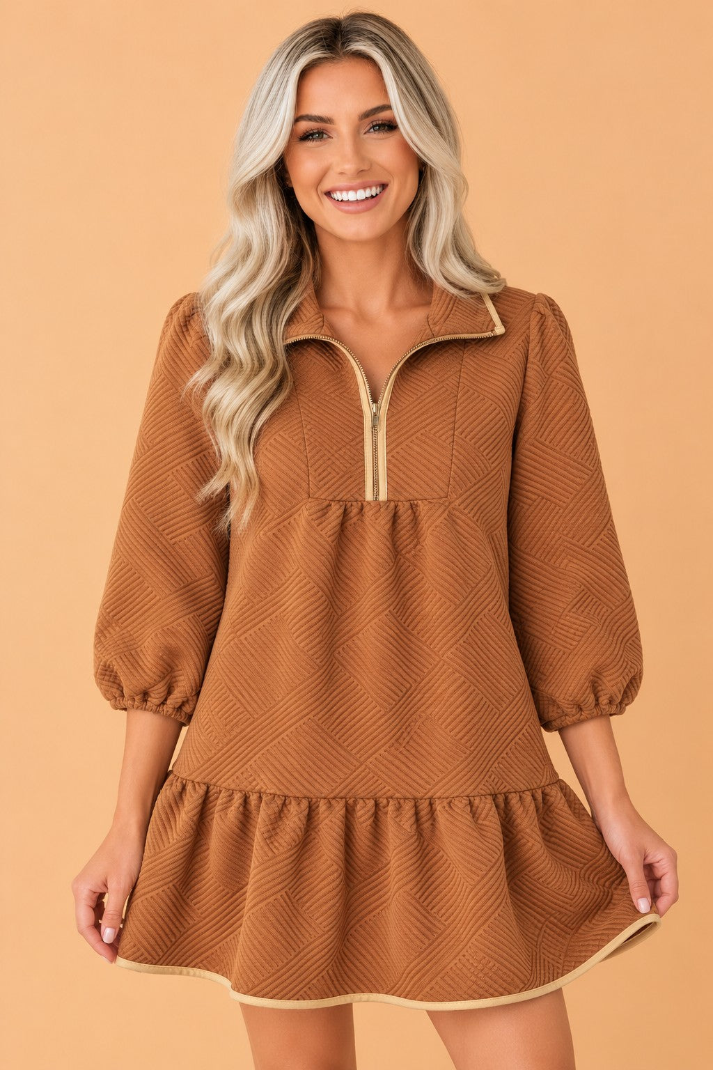 Textured Quarter Zip Collar 3/4 Sleeve Mini Dress