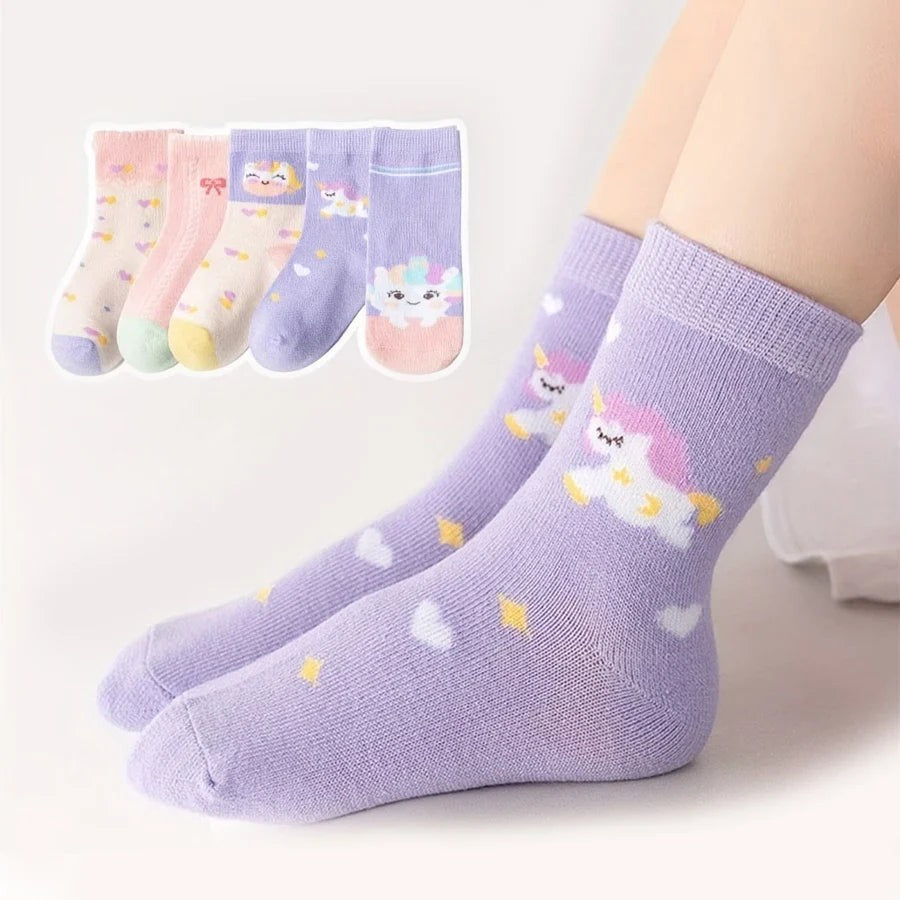 Kids Cartoon Unicorn Mid Calf Socks 5 Pairs Girls Bow