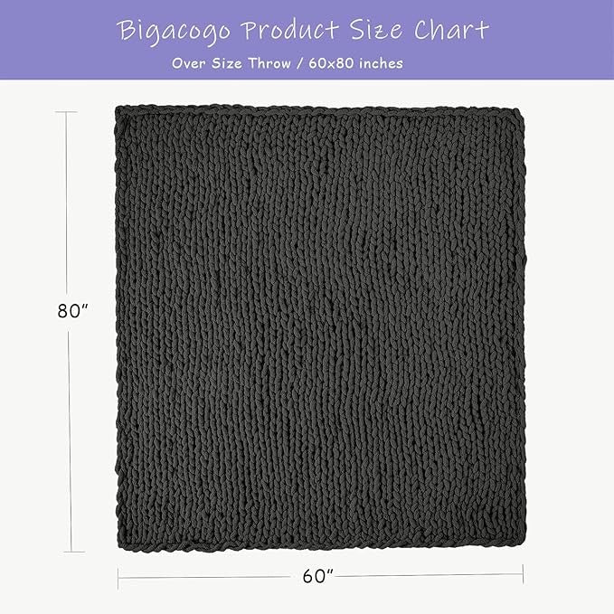 Bigacogo Chunky Knit Throw Blanket for Couch, 60x80 inches, 100% Hand Knitted with Thick Jumbo Chenille Yarn, Cozy Soft Large Rope Knot Cable Crochet Blankets for Sofa Bed Living Room, Dark Grey