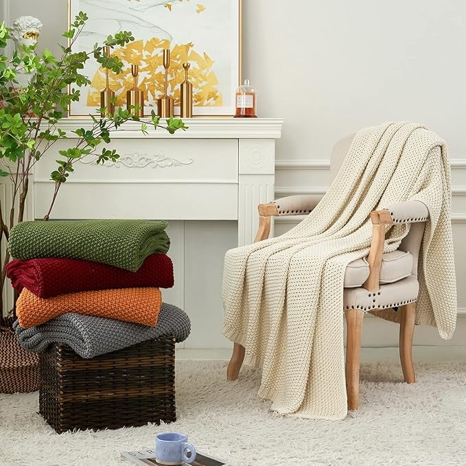 Longhui bedding Chunky Cable Knit Throw Blanket Lightweight Olive Green 100% Organic Cotton Blanket for Sofa Couch Bed Baby Nursery, Rustic Shabby Chic Modern Farmhouse, 51” x 63” Give Laundering Bag