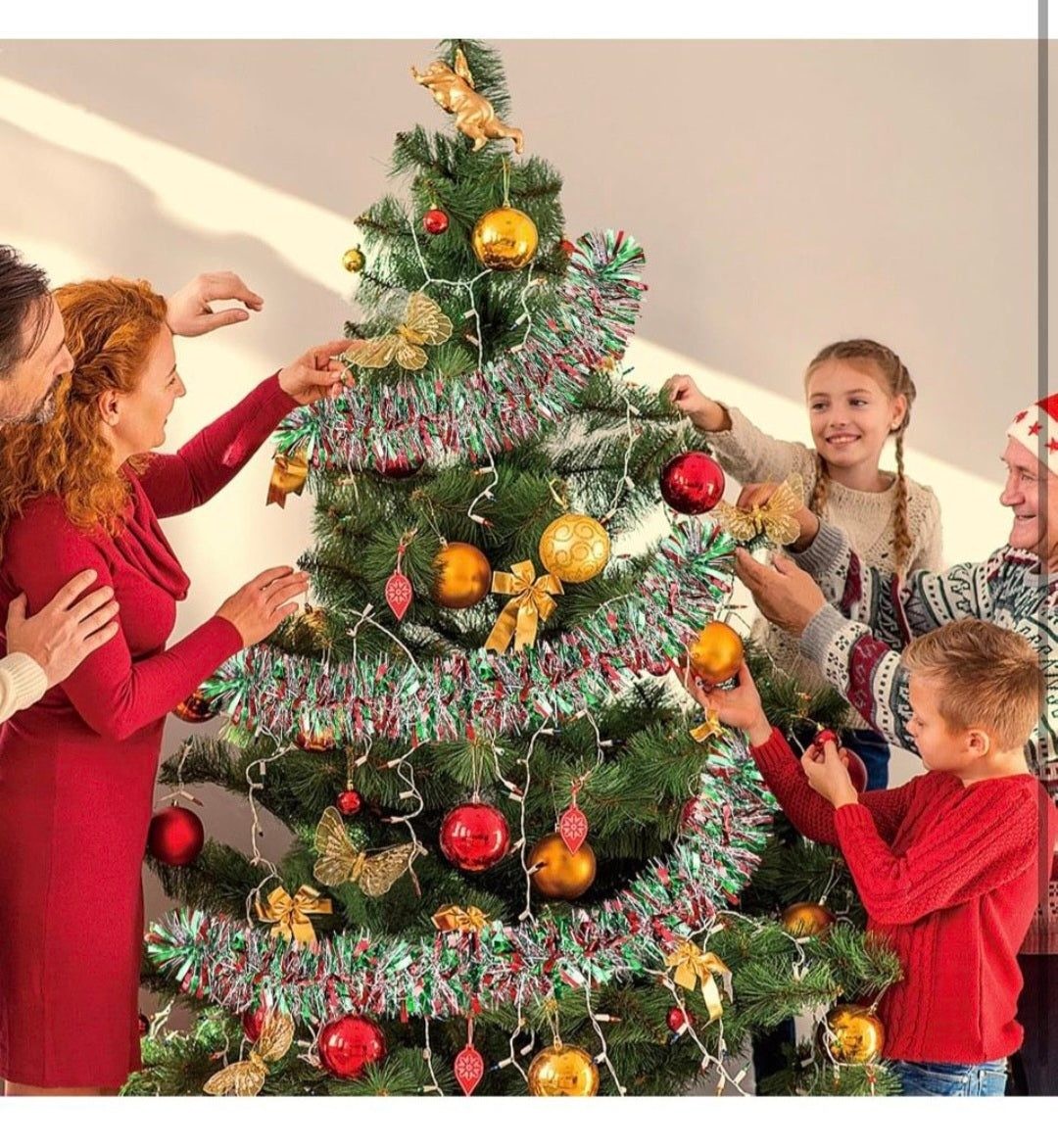 Adisher 50Ft Christmas Tinsel Twist Garland, Metallic Twist Garland Tree Decorations for Christmas Tree New Year Party Birthday Holiday Supplies Indoor and Outdoor Decoration (Red Green Silver)
