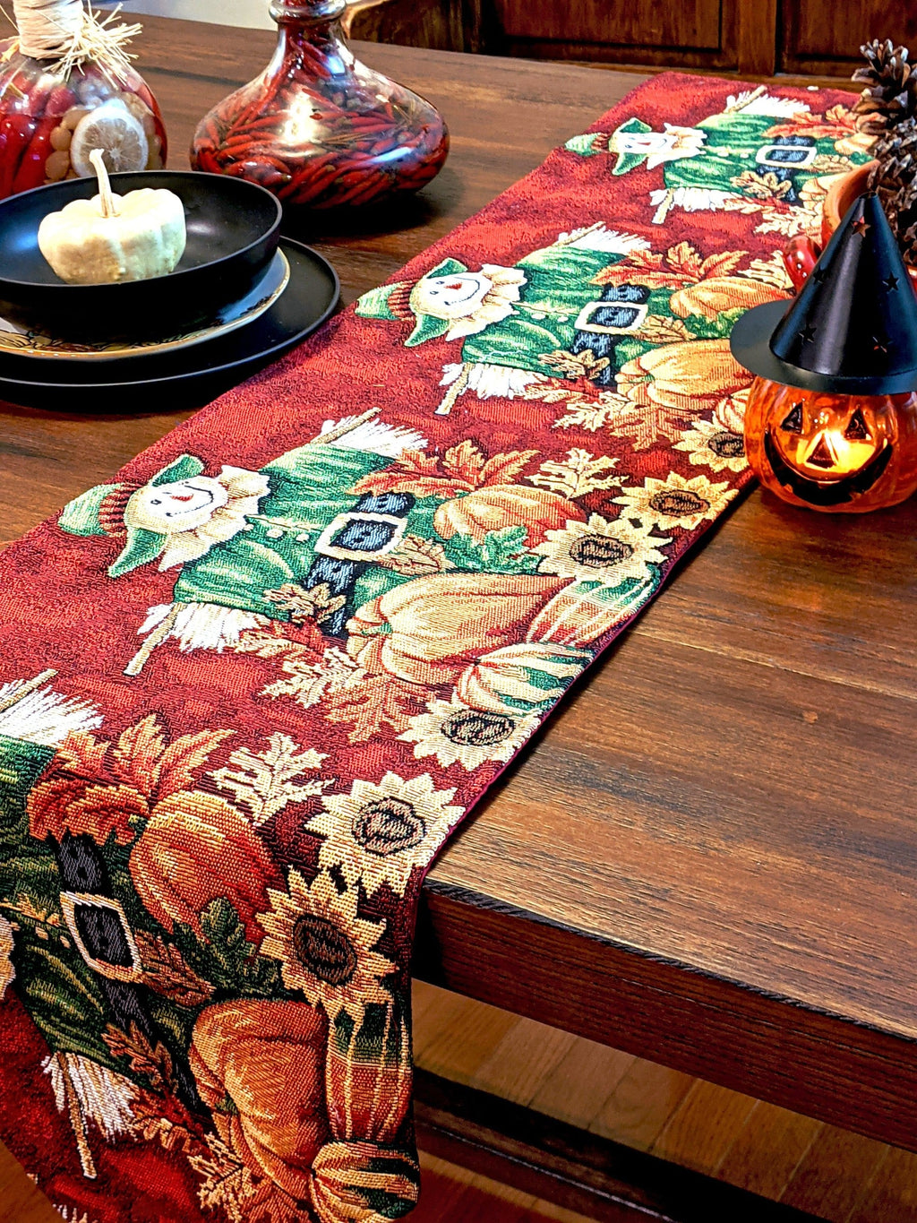Tache Pumpkin Patch Scarecrow Autumn Harvest Woven Tapestry Table Runners (12921TR)