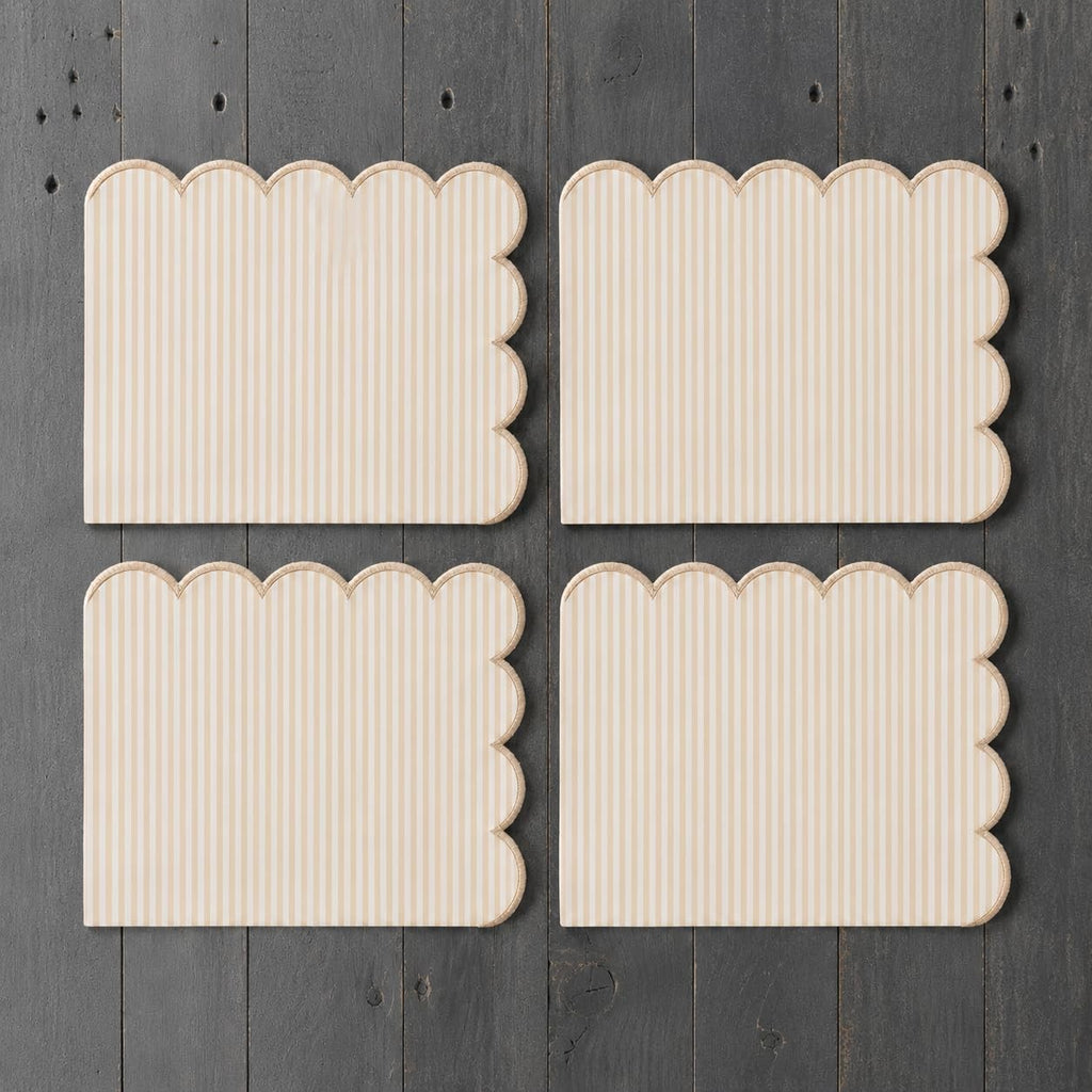 Fennco Styles Natural Scalloped Stripe Cloth Napkins 20" x 20", Set of 4 - Modern Farmhouse Table Napkins for Everyday Dining, Parties & Holiday Entertaining