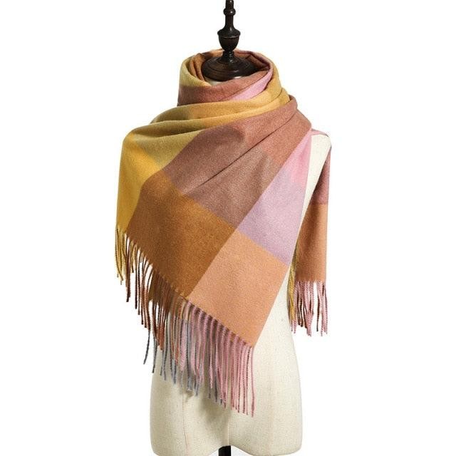 Luxury Fashion Autumn Winter Soft Warm Scarf Plaid Colorful Hijabs Cashmere Scarves Warm Soft Bandana Women's Lightweight Scarves Elegant Echarpe Escharpe Soft Wool Elegant Tassel Women's