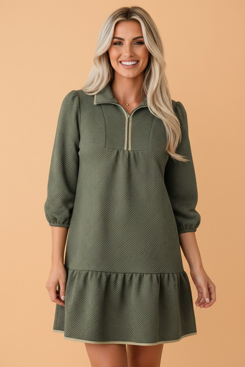 Textured Quarter Zip Collar 3/4 Sleeve Mini Dress