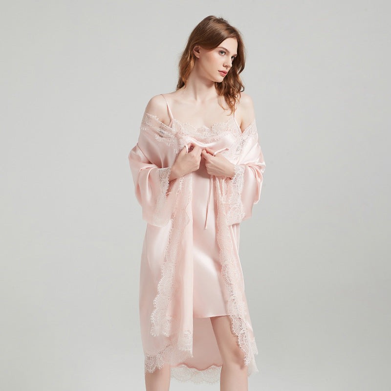 19 Momme Lace-Trim 100% Mulberry Silk Robe & Camisole Set – Women's Sleepwear Loungewear