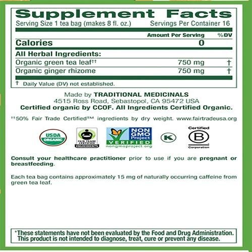 Traditional Medicinals Organic Green Tea Ginger Herbal Tea, Promotes Healthy Digestion, (Pack Of 1) - 16 Tea Bags