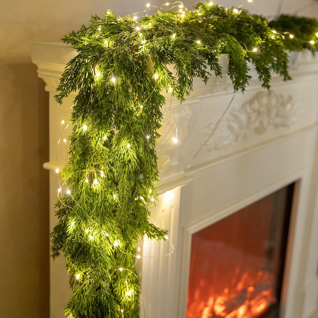 6FT PARTY JOY Seasonal Artificial Christmas Garland with LED String Lights Pine Needle Cypress Garland for Holiday Winter Indoor Outdoor Decor