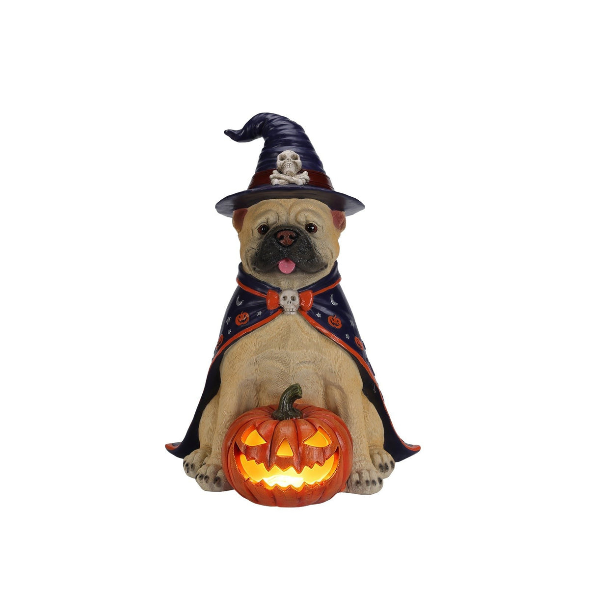 Halloween Bulldog Witch Statue with LED Light Up Jack-O-Lantern Pumpkin - Orange, Black, & Purple