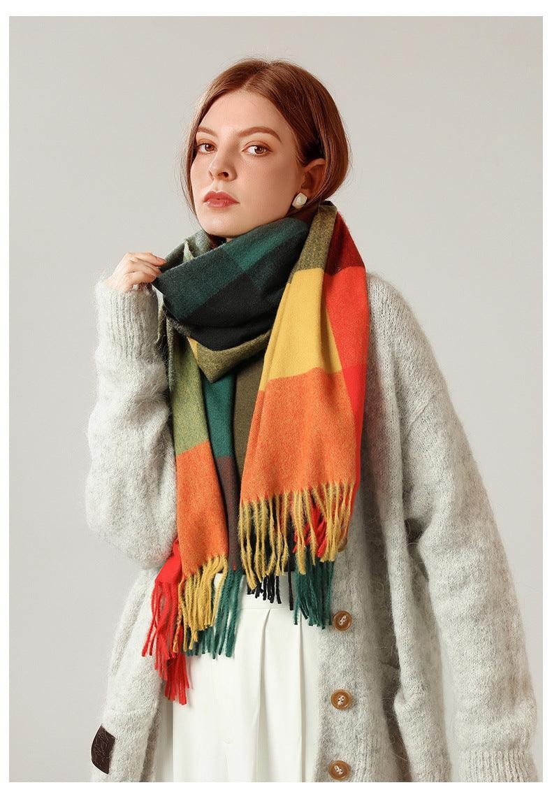 Luxury Fashion Autumn Winter Soft Warm Scarf Plaid Colorful Hijabs Cashmere Scarves Warm Soft Bandana Women's Lightweight Scarves Elegant Echarpe Escharpe Soft Wool Elegant Tassel Women's