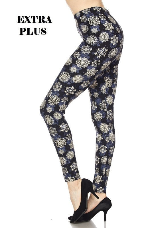3X4X BLUE SNOWFLAKE PRINT Brushed Ankle PLUS SIZE Leggings