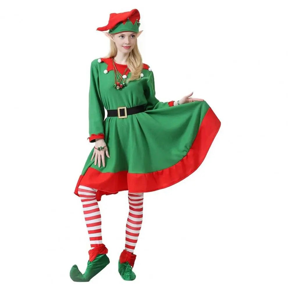 8 Pcs Women Christmas Elf Costume Set Green Xmas Dress Festive Outfit with Elf Ears Hat Shoes Belt Striped Socks