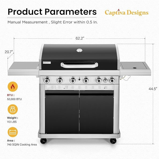 Captiva Designs 6-Burner Propane Gas BBQ Grill with Side Burner & Porcelain-Enameled Cast Iron Grate and Plate for Outdoor Barbucue Events, 52,000 BTU Output,740 SQ.IN. Cooking Area,Heavy Duty