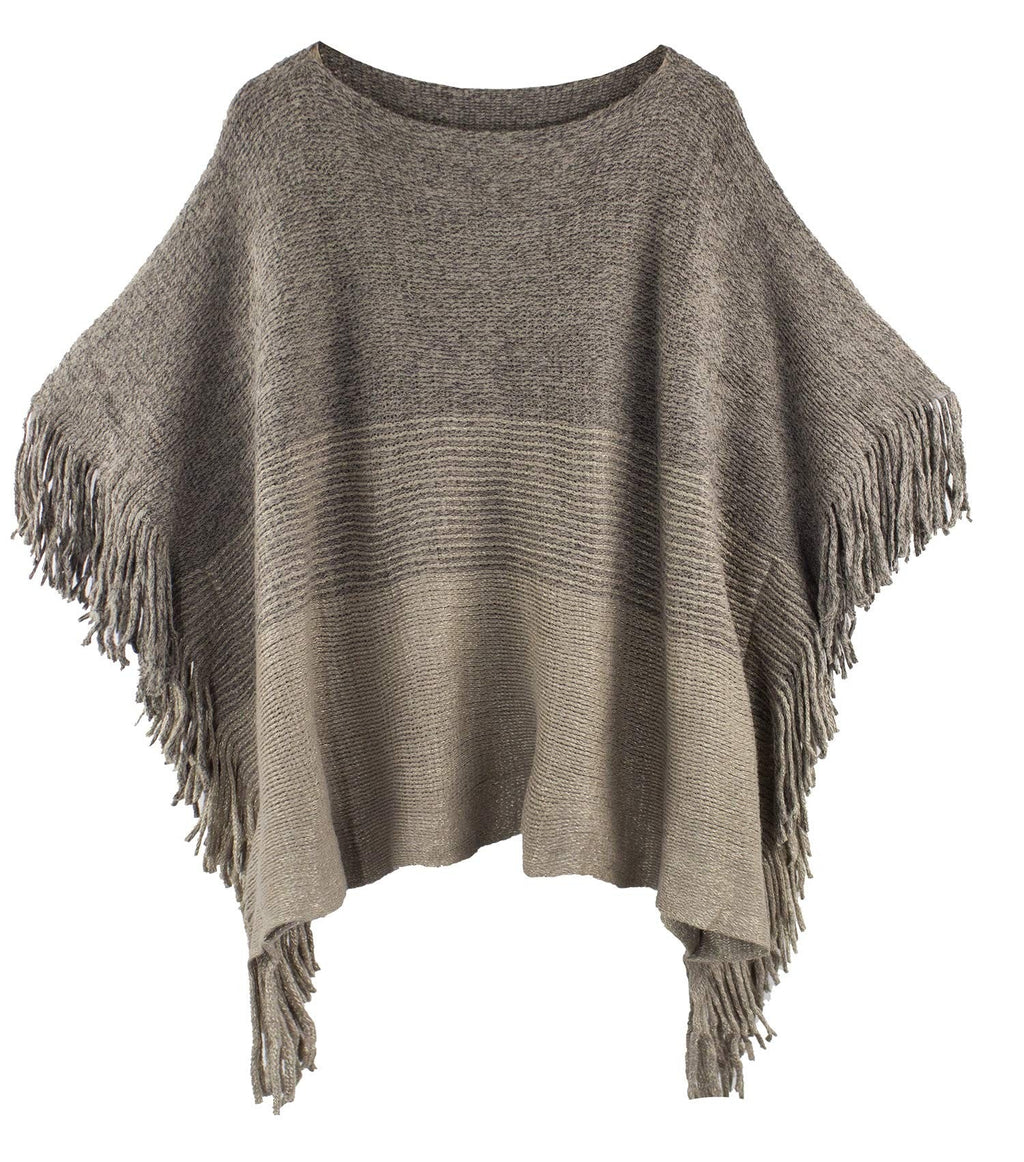 stylesilove Womens Knit Two Tone Batwing Fringe Poncho Cardigan Pullover Cozy Sweater Wrap Jacket