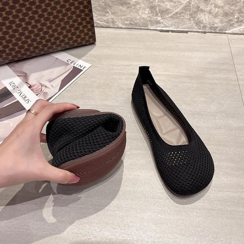 Big Size 42 Women Flats Knitted Breathable Sneakers Ladies Soft Bottom Ballet Loafers Casual Slip on Boat Shoe for Woman