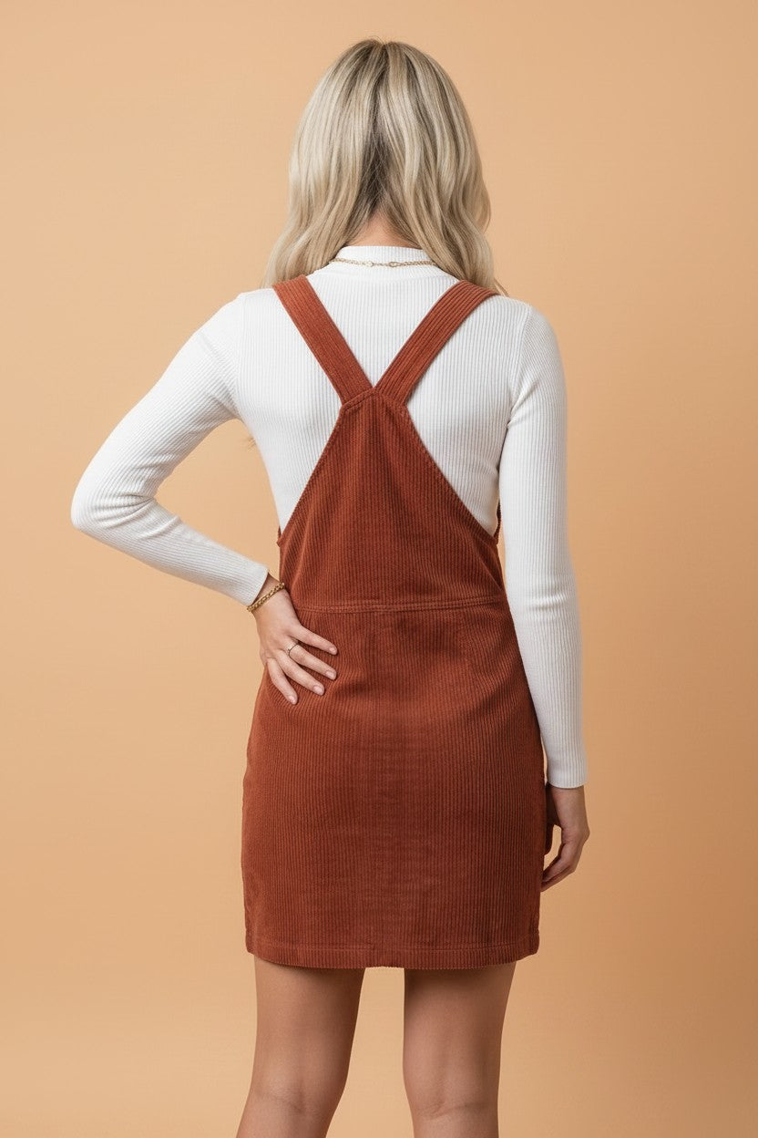 Solid Corduroy Zip-Up Sleeveless Pocketed Dress