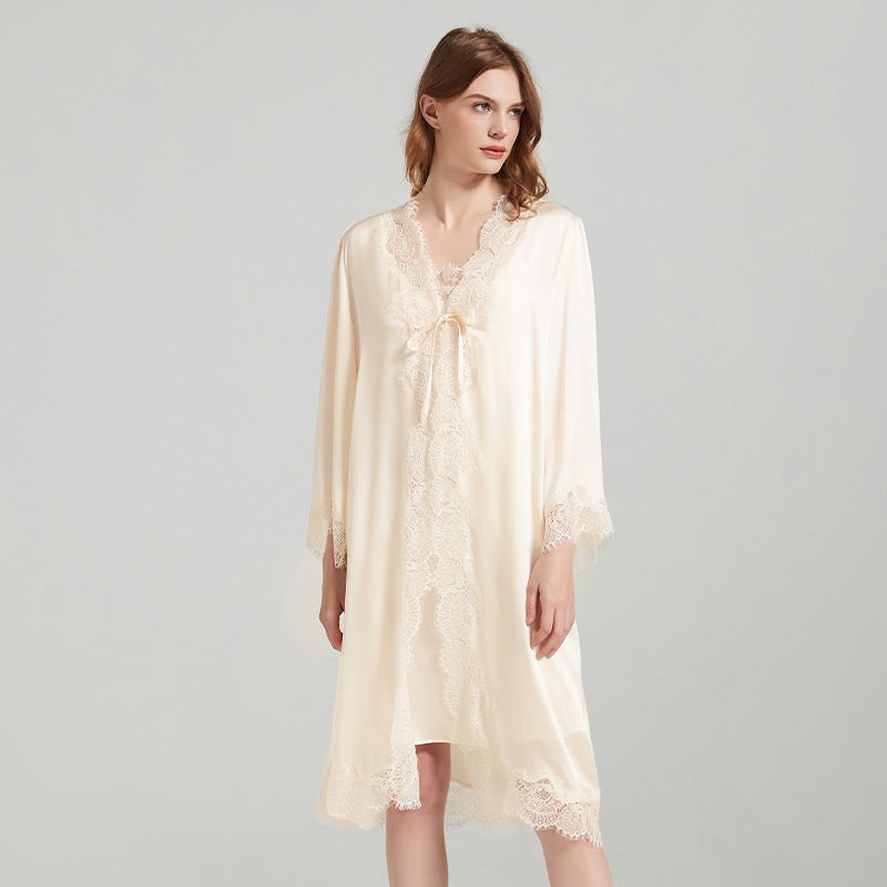 19 Momme Lace-Trim 100% Mulberry Silk Robe & Camisole Set – Women's Sleepwear Loungewear