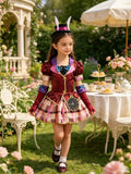 Girls fancy dress costume set includes plaid dress, bow tie, long arm sleeves and bunny ear top hat headband for Halloween and theme party dress up