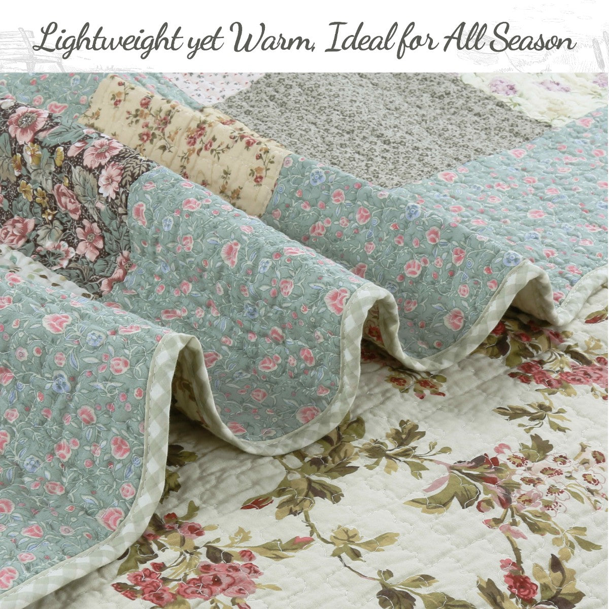 Country Floral Chic Scalloped Real Patchwork Cotton 3-Piece Quilt Bedding Set