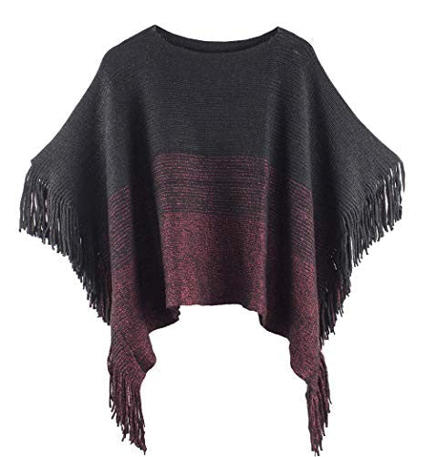 stylesilove Womens Knit Two Tone Batwing Fringe Poncho Cardigan Pullover Cozy Sweater Wrap Jacket