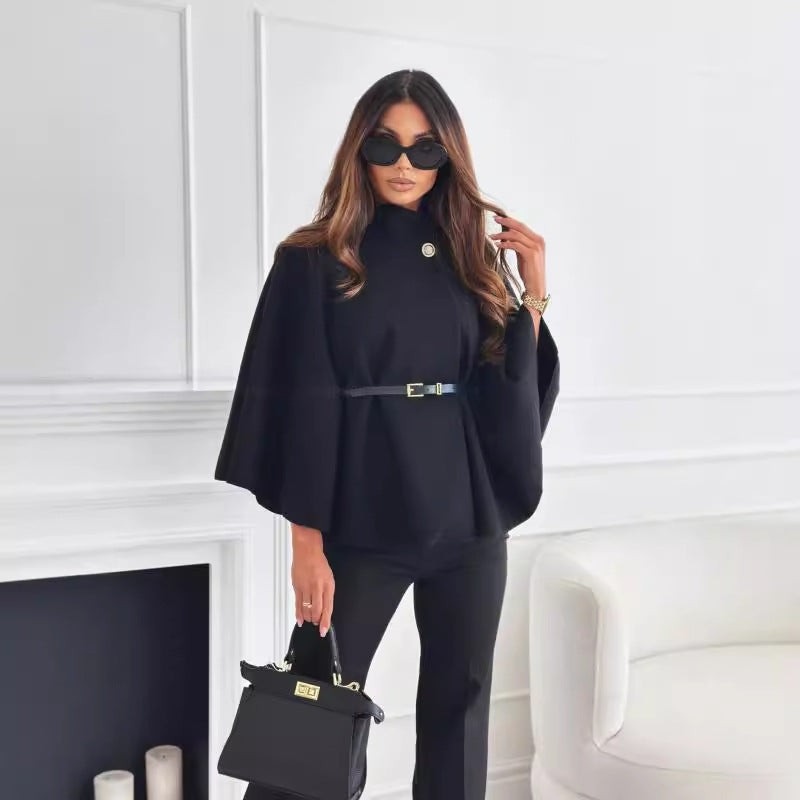 New Stand Collar Batwing Sleeves Cloak Top With Belt Ins Fashion Temperament Jacket Woolen Sweater Outwear Women's Clothing