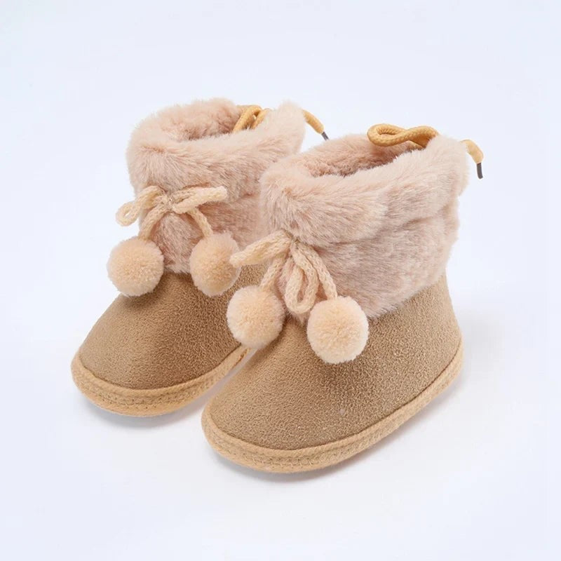 Winter Plus Velvet Snow Booties for Baby, Warm Boots Shoes, Baby Girl Shoes with Pompom, Soft Sole Indoor Walking Shoes