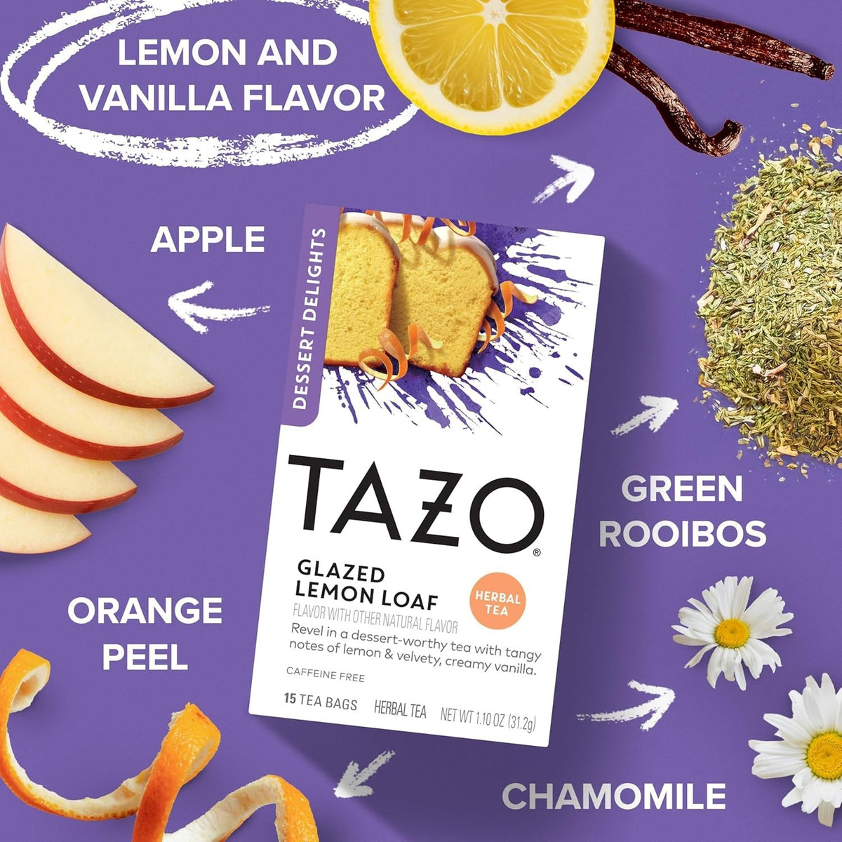 TAZO Glazed Lemon Loaf Herbal Tea – Calming Evening Brew for Bath Time and Mindful Moments, 90 Count