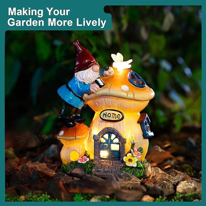 Garden Gnome Statues Figurine Lights - Solar Powered Lighting Outdoor Decorations, Gnome Build Mushroom Fairy House, Yard Art Lawn Ornaments for Porch Patio Balcony - Gnome Gifts Women's Mom