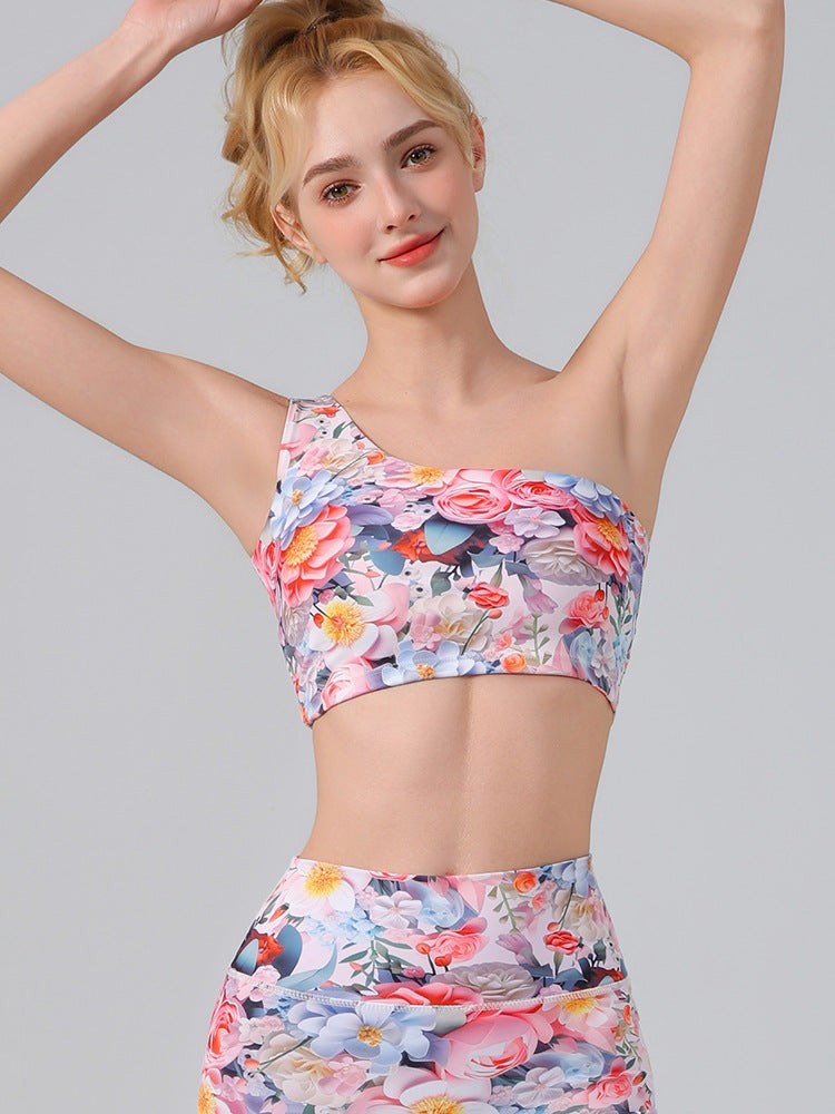 Sexy Fashion One-Shoulder Printed Yoga Vest With Chest Pads And Sports Fitness Cropped Pants