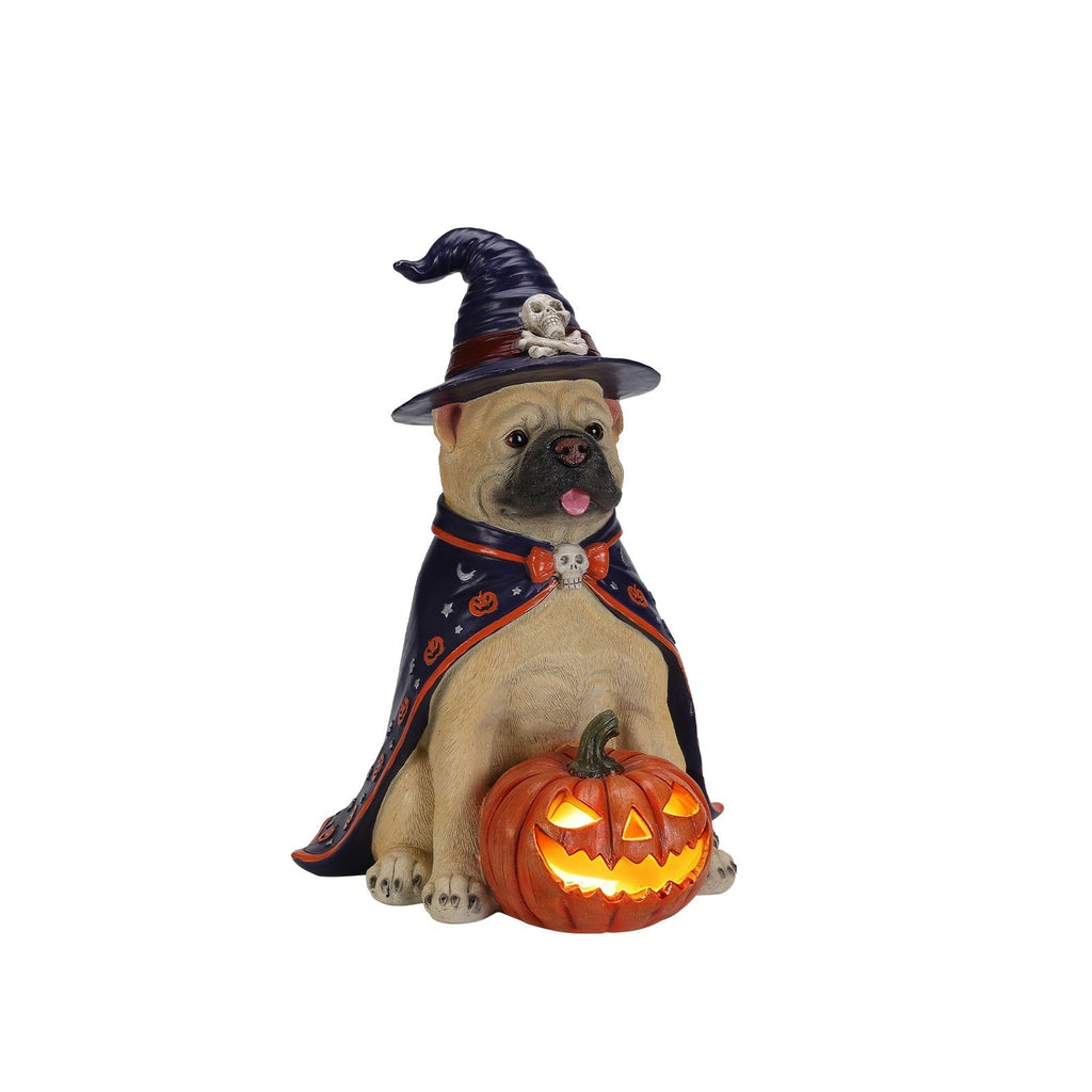 Halloween Bulldog Witch Statue with LED Light Up Jack-O-Lantern Pumpkin - Orange, Black, & Purple