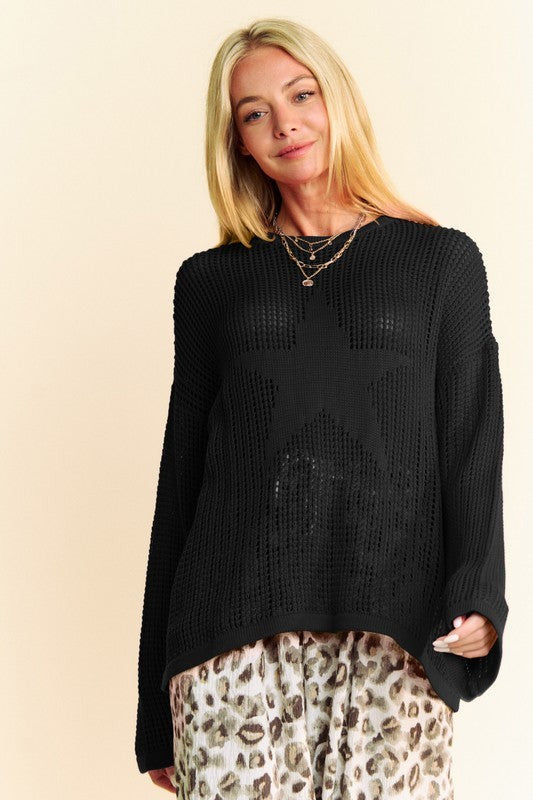 Back To School Sweater - Davi & Dani Star Front Crochet Drop Shoulder Knit Top