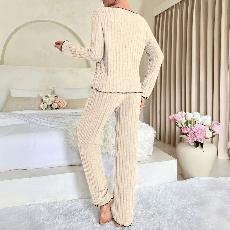 Flannel Warm Sleepwear Women Casual Pajamas Set Long Sleeve Tee Top and Trousers Set Homewear Autumn Winter Loungewear