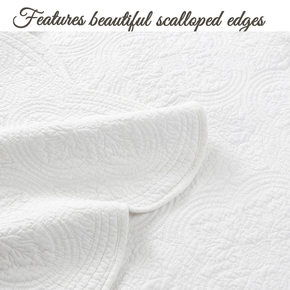 Serenity White Victorian Scalloped Medallion Floral Pure Solid Cotton Reversible Quilt Bedding Set