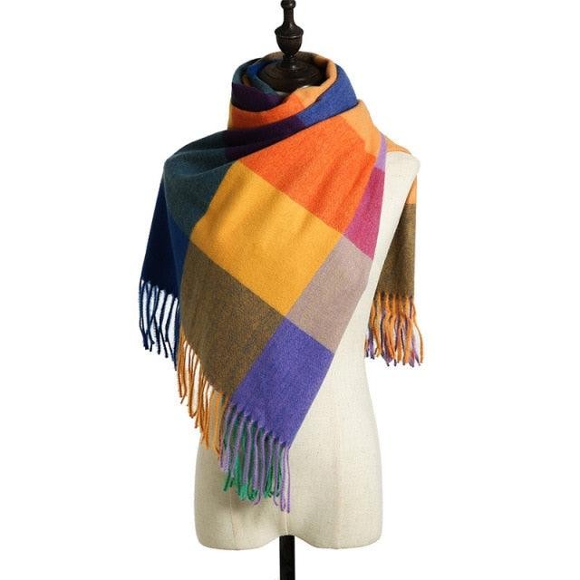Luxury Fashion Autumn Winter Soft Warm Scarf Plaid Colorful Hijabs Cashmere Scarves Warm Soft Bandana Women's Lightweight Scarves Elegant Echarpe Escharpe Soft Wool Elegant Tassel Women's