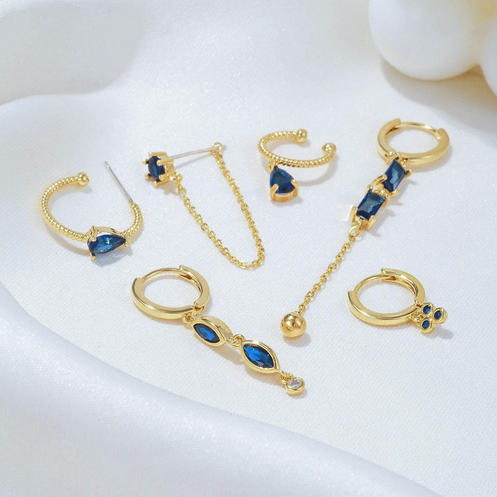 Stacking 6 Pieces Long Tassel Vintage Earring Set with Micro-Pavé Dazzling Blue Zircons, 18k Gold Plated Ear Studs & Ear Drops, S925 Needle