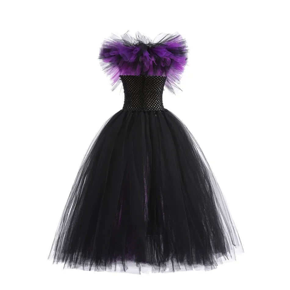 Maleficent Neck Dress Girls Halloween Theme Cosplay Costume Handmade Woven Tulle Dress Evil Role Playing Outfits Luxury Gown