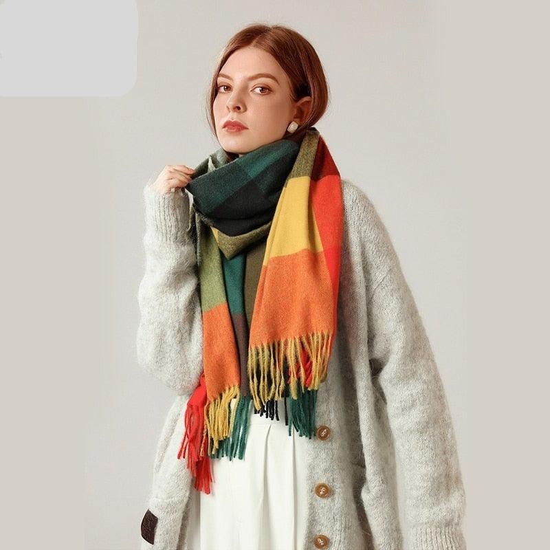 Luxury Fashion Autumn Winter Soft Warm Scarf Plaid Colorful Hijabs Cashmere Scarves Warm Soft Bandana Women's Lightweight Scarves Elegant Echarpe Escharpe Soft Wool Elegant Tassel Women's
