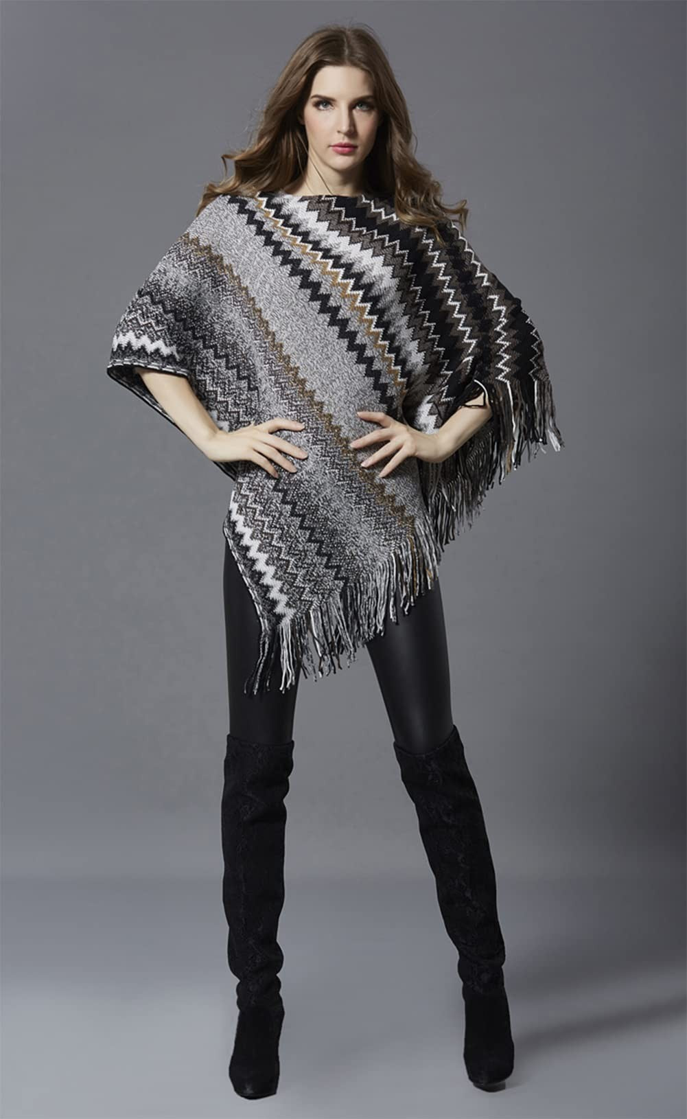 stylesilove Women Autumn Winter Knitted Zig-Zag Pullover Fringe Poncho Sweater Chevron Wrap Cape Lightweight Shawl