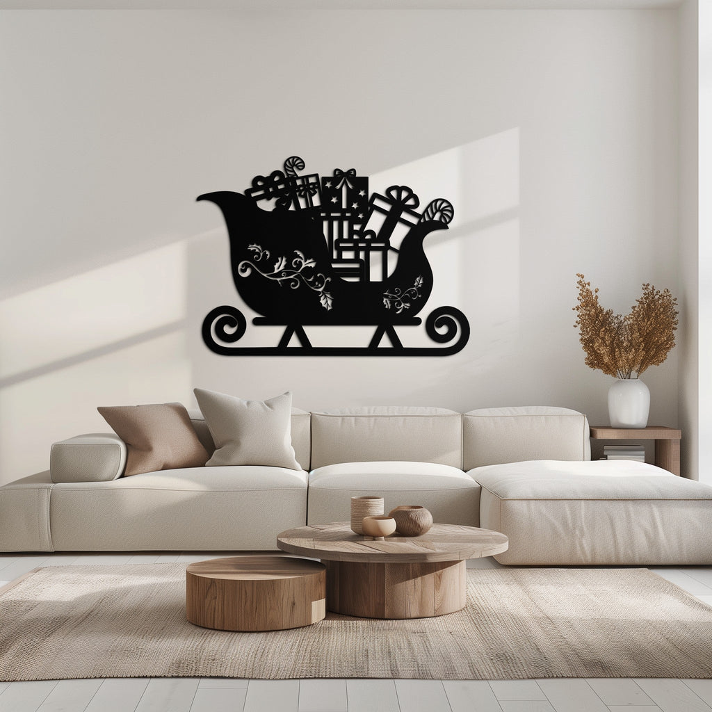 Christmas Sleigh Metal Wall Art - Beautifully Detailed Festive Holiday Decor Design
