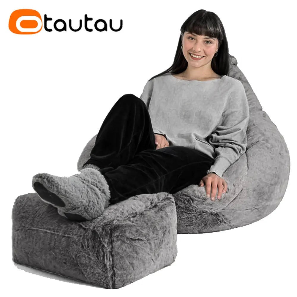 OTAUTAU Adults Children Fluffy Faux Fur Bean Bag Pouf Cover without Filler Beanbag Puff Salon Ottoman Corner Seat Sac DD003
