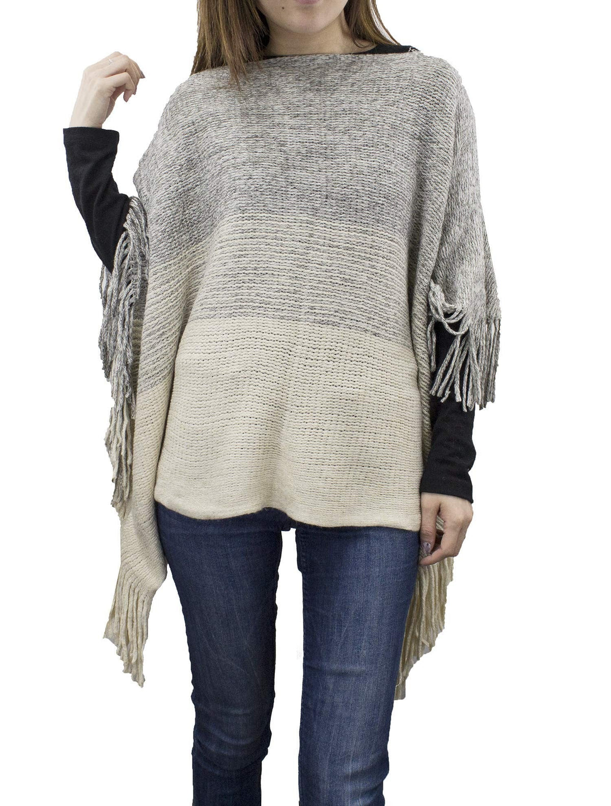 stylesilove Womens Knit Two Tone Batwing Fringe Poncho Cardigan Pullover Cozy Sweater Wrap Jacket