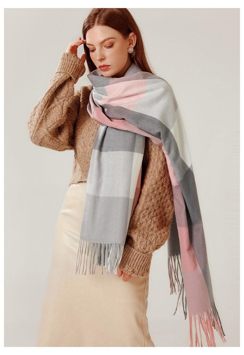 Luxury Fashion Autumn Winter Soft Warm Scarf Plaid Colorful Hijabs Cashmere Scarves Warm Soft Bandana Women's Lightweight Scarves Elegant Echarpe Escharpe Soft Wool Elegant Tassel Women's