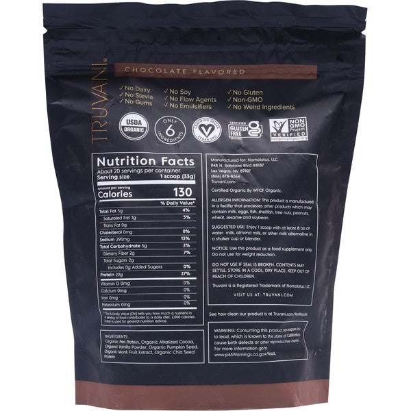 Truvani Protein Powder, Chocolate Flavored, Plant Based