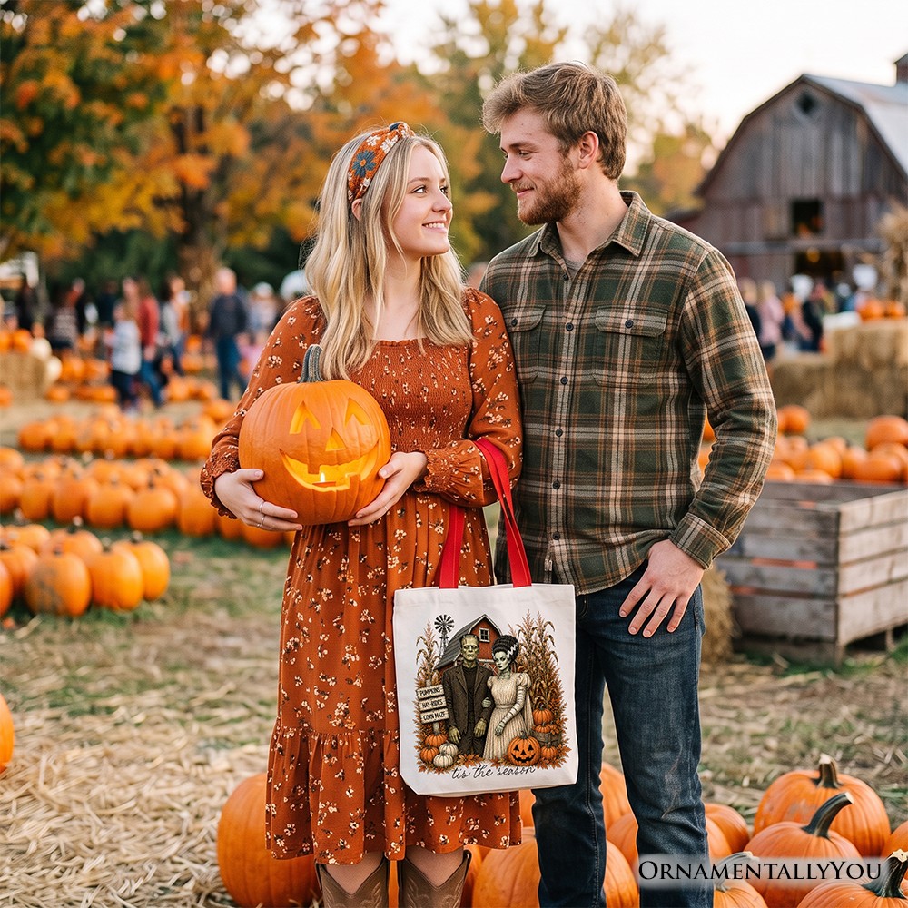 Frankenstein Couple Pumpkin Patch Tote Bag, Vintage Halloween Fall Festival Gift Shopper